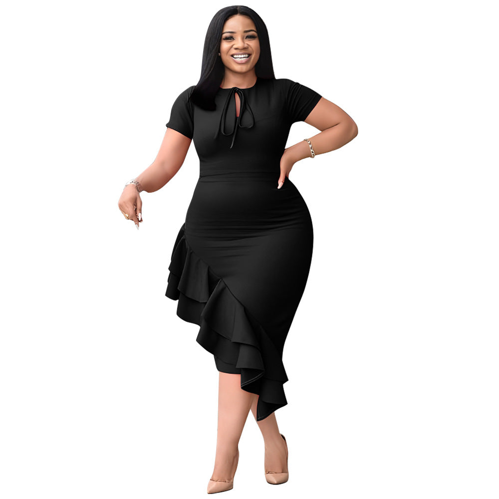 Trendy Plus Size Casual Dress With Ruffle Hem And Tie