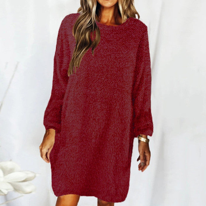 New Autumn And Winter Solid Color Comfortable Plush Long Sleeve Round Neck Loose Dress