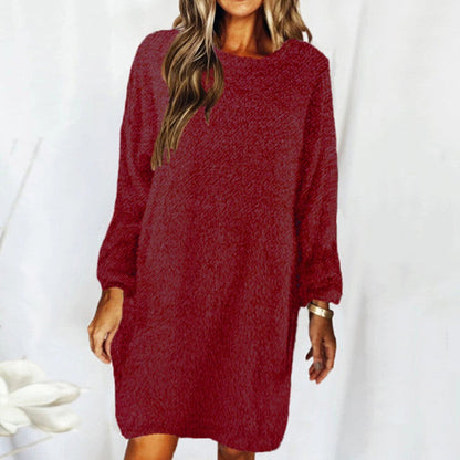 New Autumn And Winter Solid Color Comfortable Plush Long Sleeve Round Neck Loose Dress