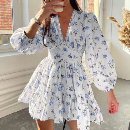 Floral Lace Short Dress With V-Neckline and Lantern Sleeves