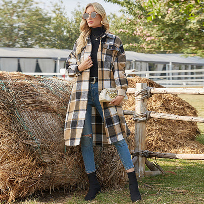 Temperament Commuter Windbreaker Side Slit Lapel Loose Women'S Wool Plaid Shirt Jacket