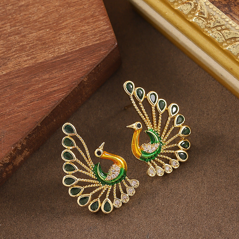 Elegant Peacock Drop Earrings With Crystal Accents