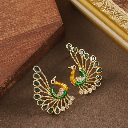Elegant Peacock Drop Earrings With Crystal Accents