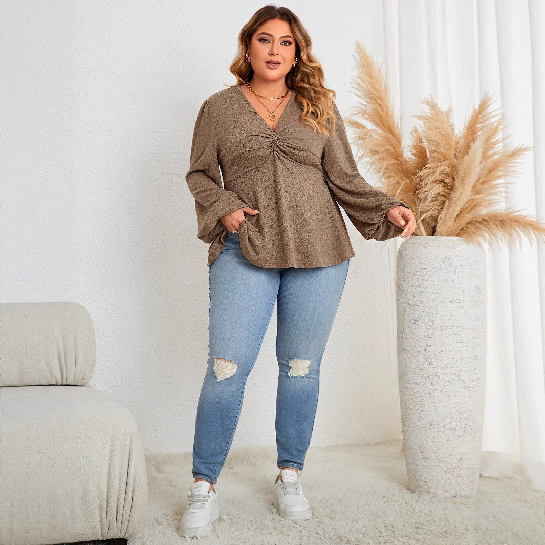 Casual V-Neck Long Sleeve Top For Plus Size Women