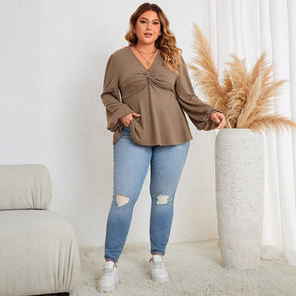 Casual V-Neck Long Sleeve Top For Plus Size Women