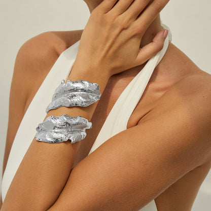 Metal Leaf Design Open Bangle Bracelet for Women