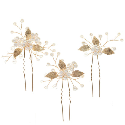 Gold And Silver Leaf Pearl U-Shaped Hairpins Set