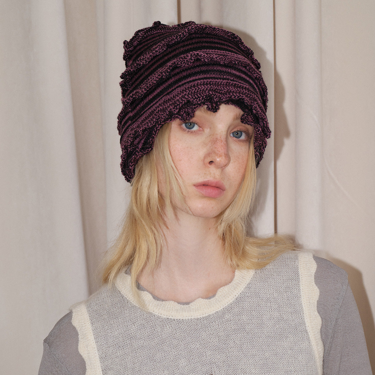 Striped Knitted Wool Blend Beanie Hat for Women