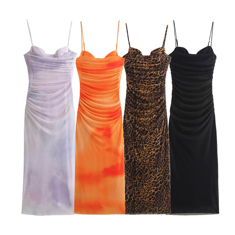 Elegant Mesh Ruched Spaghetti Strap Maxi Dress