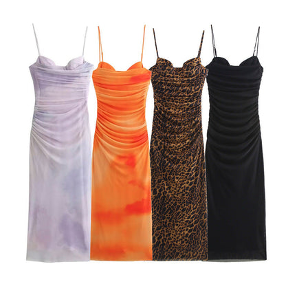 Elegant Mesh Ruched Spaghetti Strap Maxi Dress