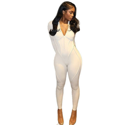Stylish Solid Color V-Neck Hollow Back Jumpsuit For Women