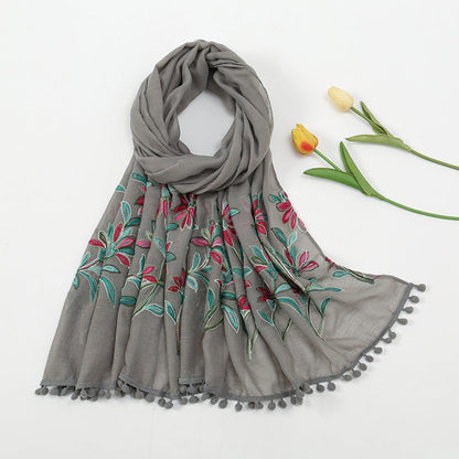 New Embroidered Furball Scarf, Cotton And Linen Shawl, Women'S Ethnic Style Retro Style, With Spring And Autumn Scarf