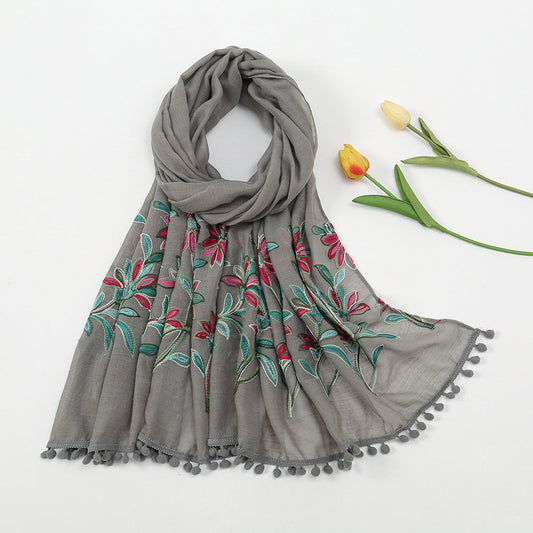 New Embroidered Furball Scarf, Cotton And Linen Shawl, Women'S Ethnic Style Retro Style, With Spring And Autumn Scarf