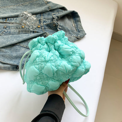 Ruffle Drawstring Bucket Bag Stylish Nylon Tote Bag