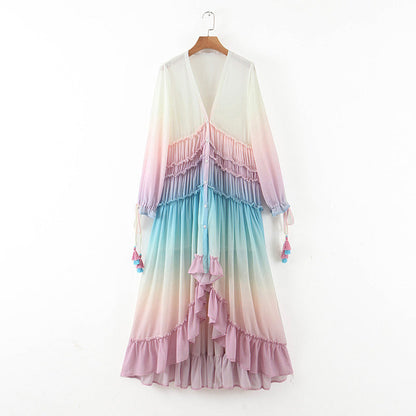 Women Deep V Long Sleeve Gradient Print Dress Long Skirt