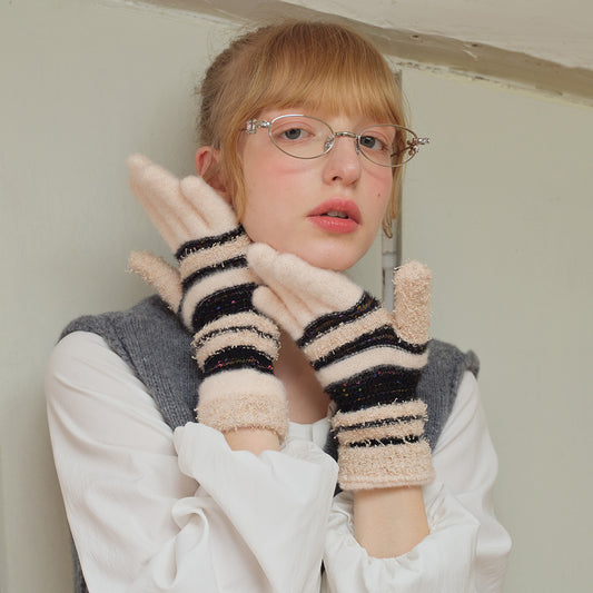 Striped Knit Fingerless Gloves For Women - Warm & Stylish