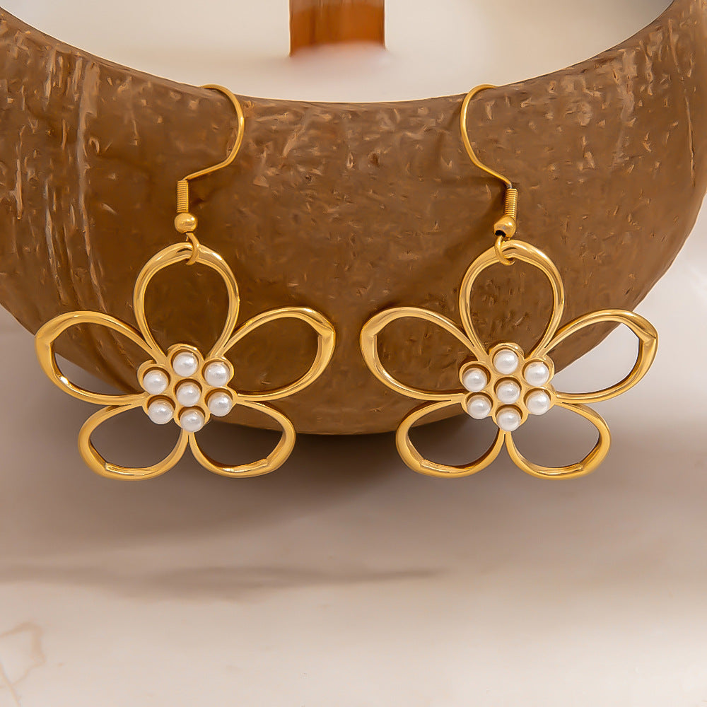 Stylish Floral Hollow Stainless Steel Pearl Drop Earrings