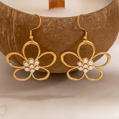 Stylish Floral Hollow Stainless Steel Pearl Drop Earrings