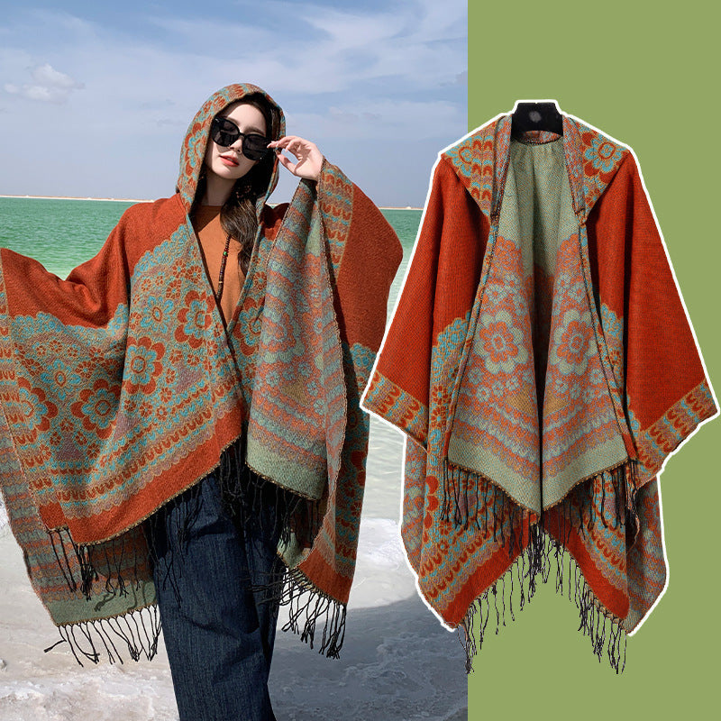 Ethnic Style New Split Shawl Women'S Cloak Scarf Thickened Warm Travel Coat Cloak