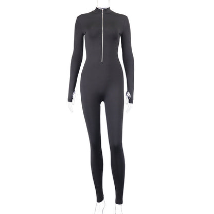 Casual Zipper Neck Long Sleeve Bodysuit High Stretch Slim Fit