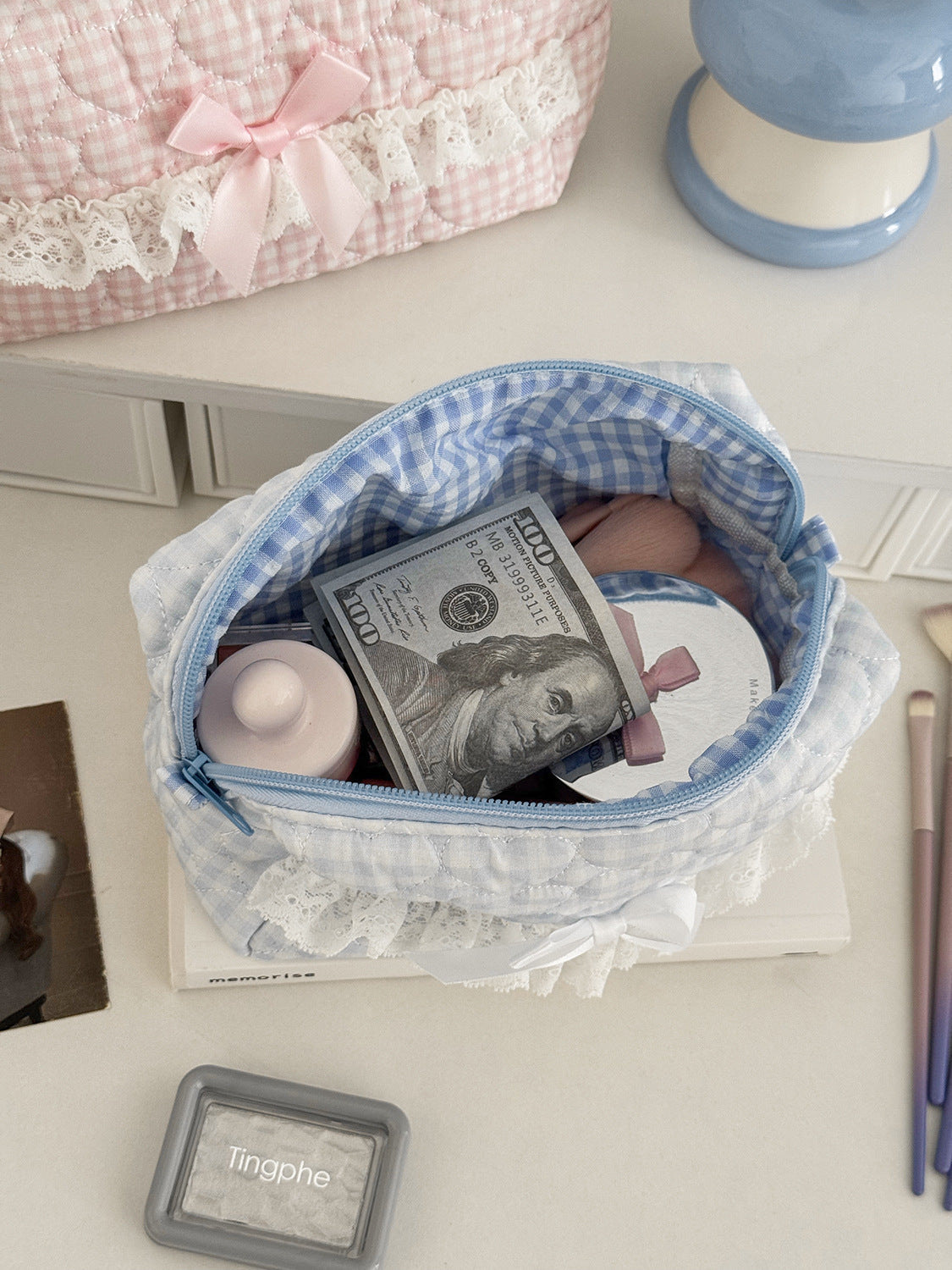 Pastel Blue Plaid Lace Makeup Bag Stylish Quilted Storage