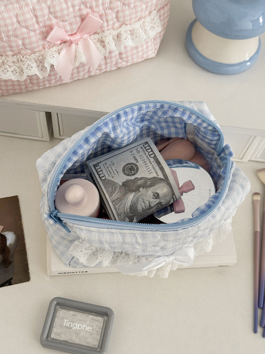 Pastel Blue Plaid Lace Makeup Bag Stylish Quilted Storage