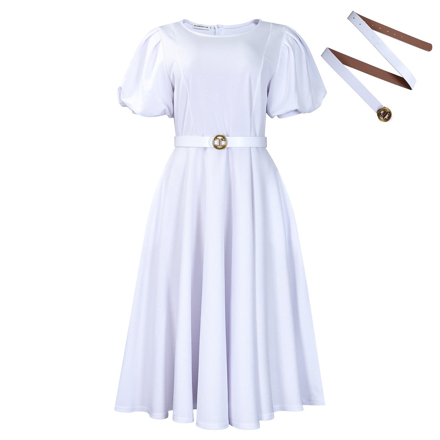 Elegant High-Waist A-Line Dress With Puff Sleeves