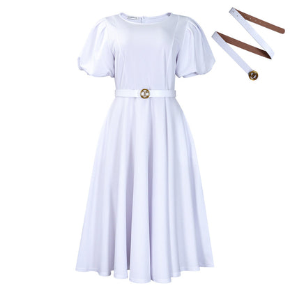 Elegant High-Waist A-Line Dress With Puff Sleeves
