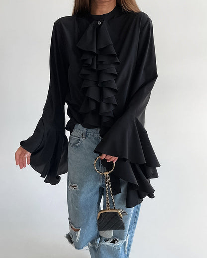 Ruffled Statement Blouse Flowing Black Fabric