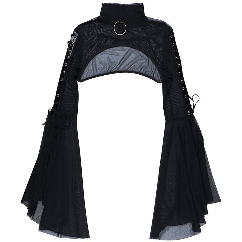 Black Sheer Mesh Long Sleeve Top with Ruffled Sleeves