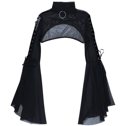 Black Sheer Mesh Long Sleeve Top with Ruffled Sleeves