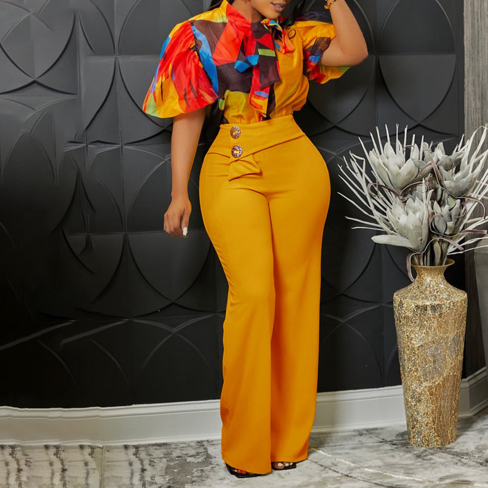 Floral Print Long Sleeve Collared Shirt And Wide Leg Pants Set