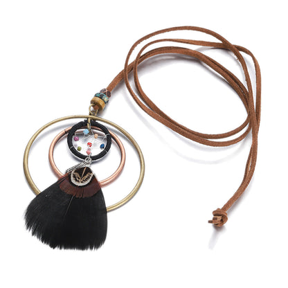 Indian Dreamcatcher Black Feather Tassel Necklace Fashion Jewelry