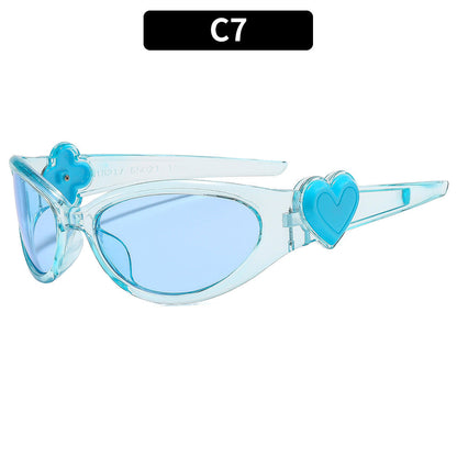 Trendy Oval Frame Sunglasses with Pink Heart Decoration