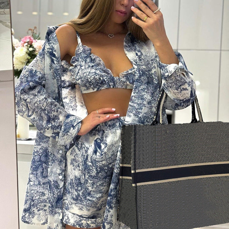 Vintage Ink Blossom Shirt and Shorts Set for Women