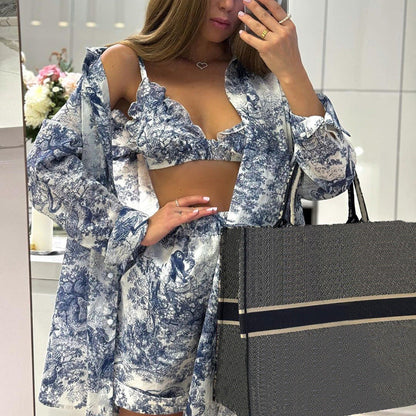 Vintage Ink Blossom Shirt and Shorts Set for Women