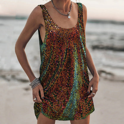 U-Neck Sleeveless Sparkly Backless Tank Dress Casual Chic