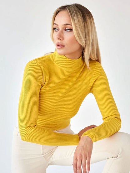 Solid Color High Neck Sweater Slim Fit Knitted Top