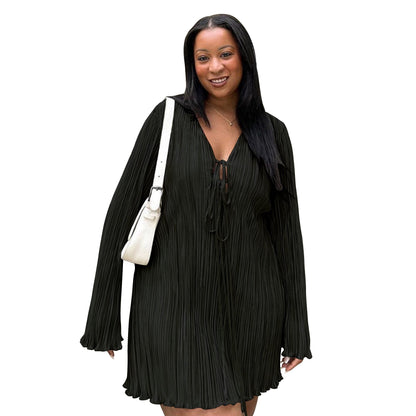 Elegant A-Line Tie Dress With Bell Sleeves