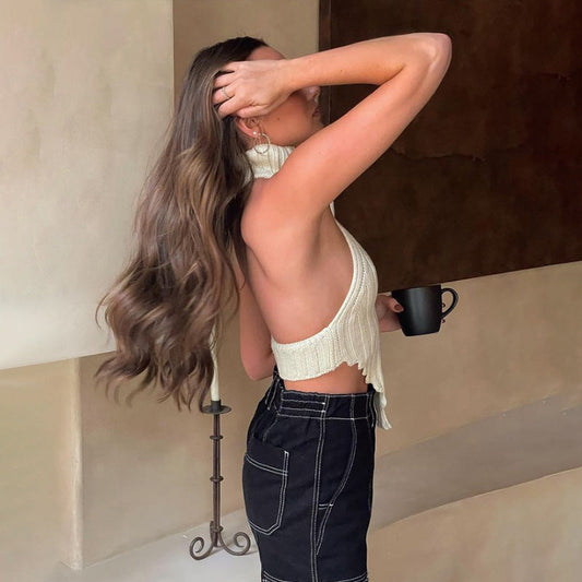 Sexy Backless Solid Color Turtleneck Irregular Knitted Vest