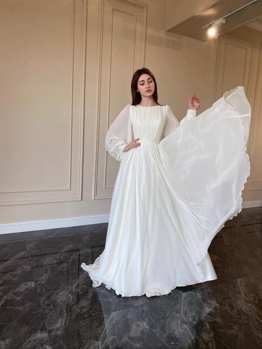 Elegant Long Sleeve A-Line Dress In White