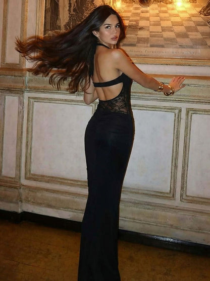 Elegant Black Lace-Trimmed Halter Bodycon Dress