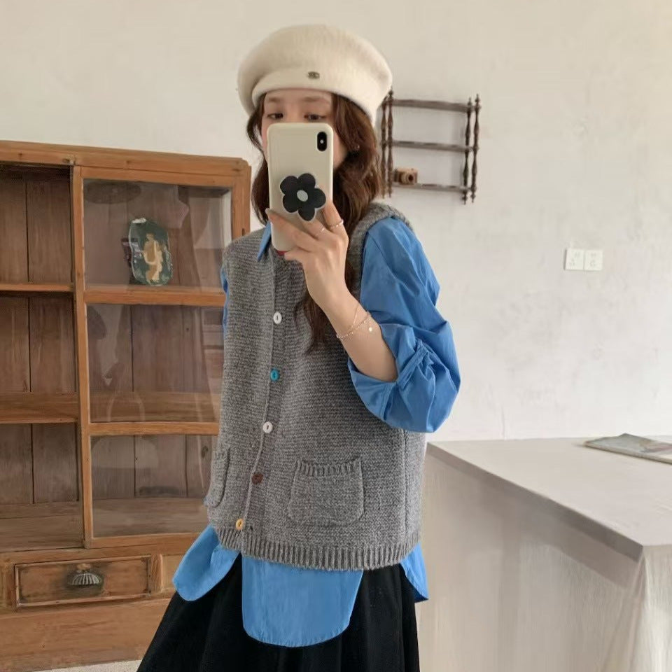 Trendy Knitted Wool Vest with Button Design for Women