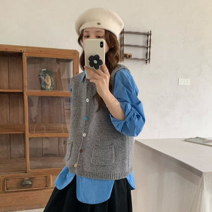 Trendy Knitted Wool Vest with Button Design for Women
