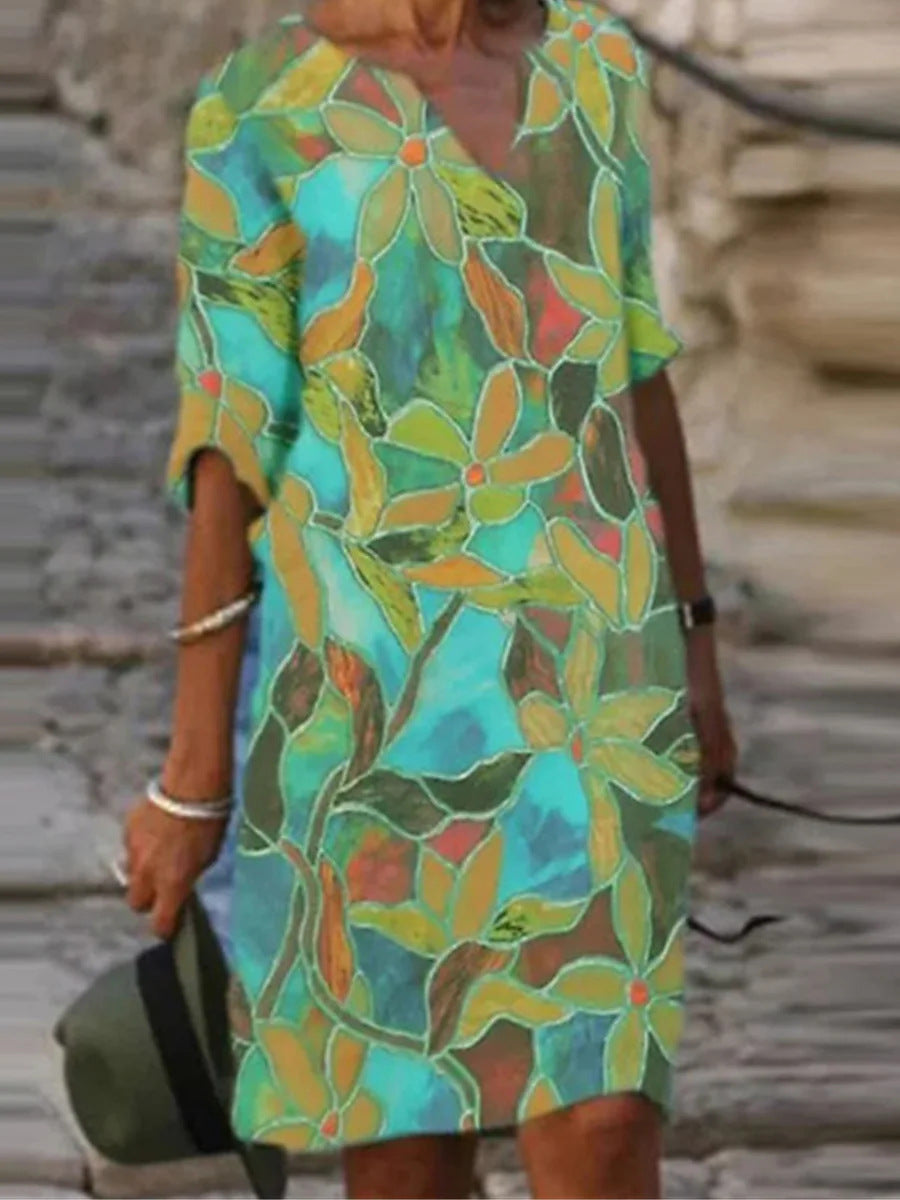 Abstract Print V-Neck A-Line Dress Comfortable Casual Fashion