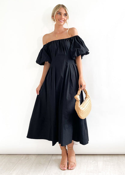 Off Shoulder Puff Sleeves Midi Dress