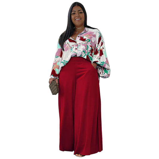 Casual Floral Print Shirt And Wide-Leg Pants Set