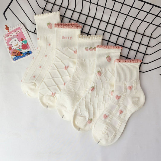 Rufia - Strawberry &amp; Heart Pattern Crew Socks