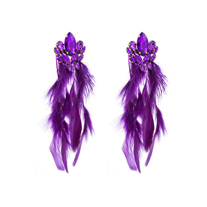 Bohemian Floral Alloy Rhinestone Long Feather Tassel Earrings