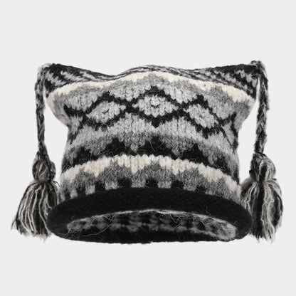 Boho Colorful Braided Tassel Knit Beanie Hat